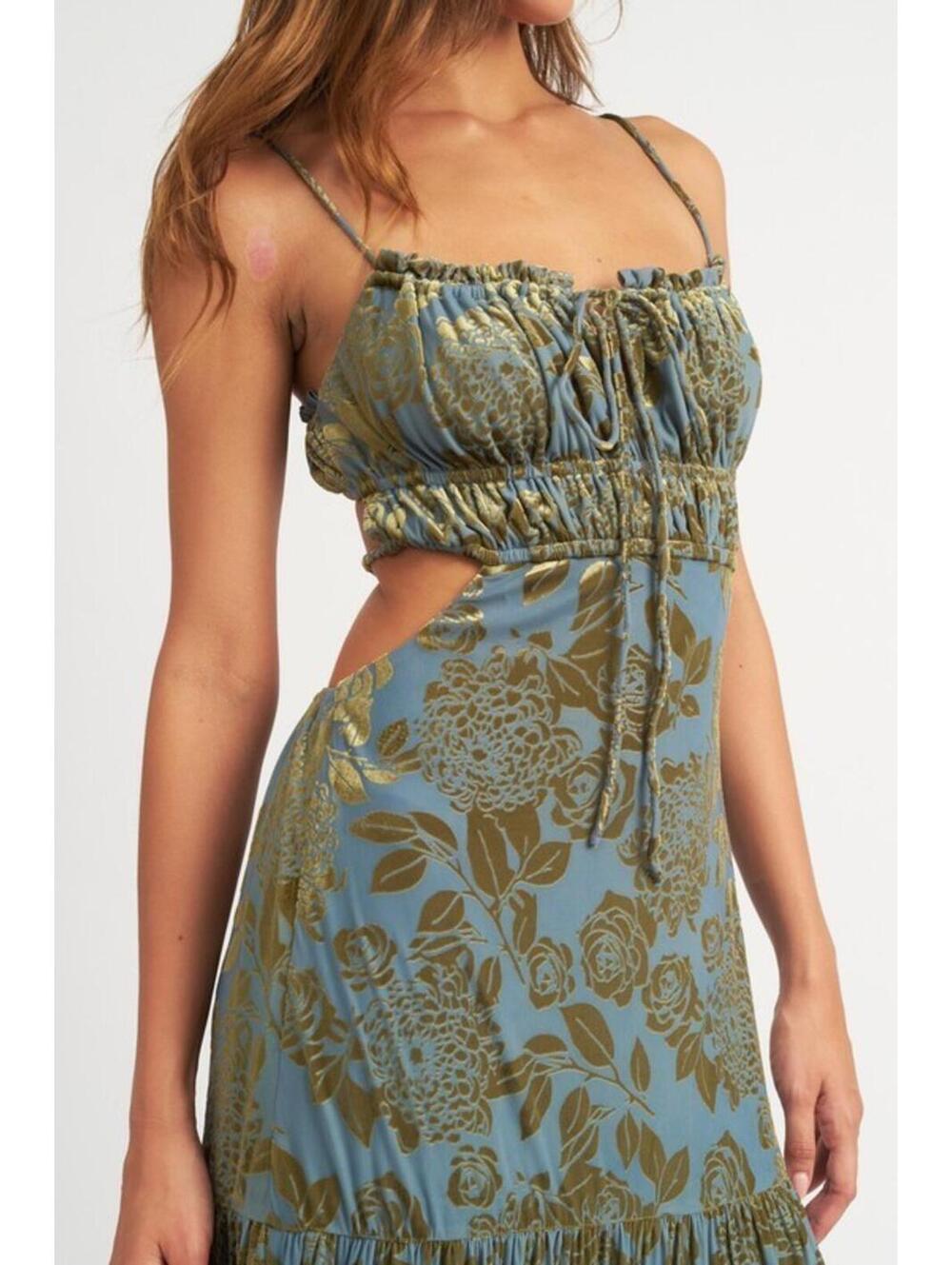 Emory Park Ruched Maxi Dress With Open Back Green Size M EUC